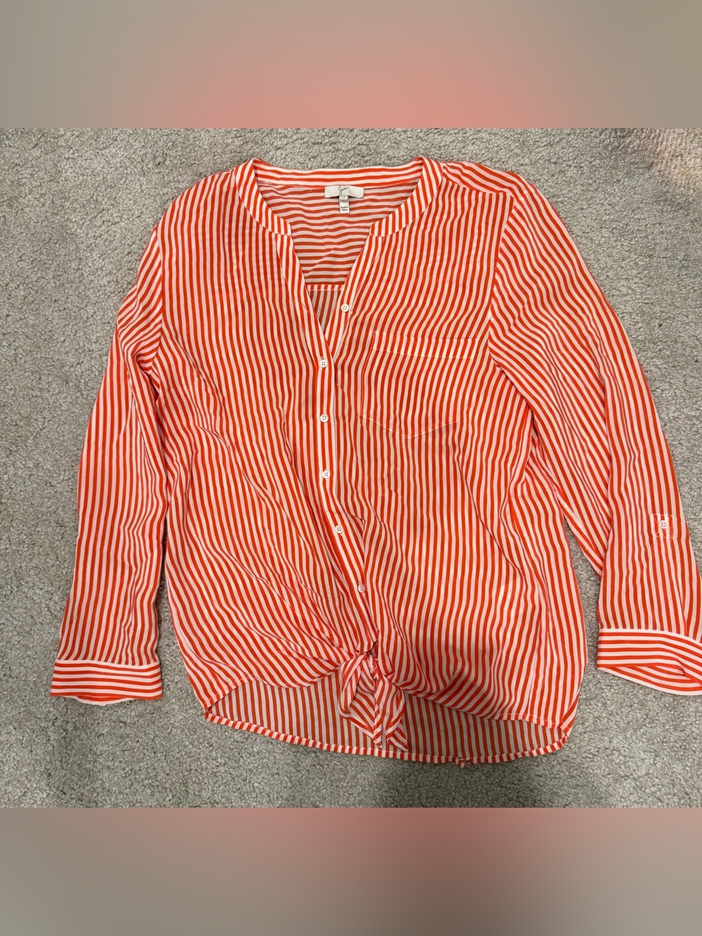 Joie Striped Tie-Front Button Down Shirt - Orange & White size xs